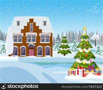Christmas landscape with christmas tree with gifbox. concept for greeting or postal card, Merry christmas holiday. New year and xmas celebration. Vector illustration in flat style. snowy village landscape