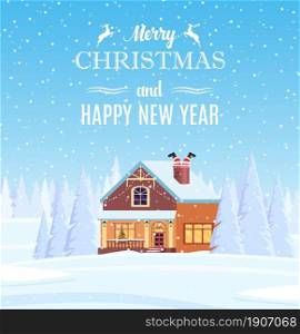 Christmas landscape with house and Santa Claus in the chimney. background with snow and tree. Merry christmas holiday. New year and xmas celebration. Vector illustration in flat style. Christmas landscape background with snow and tree