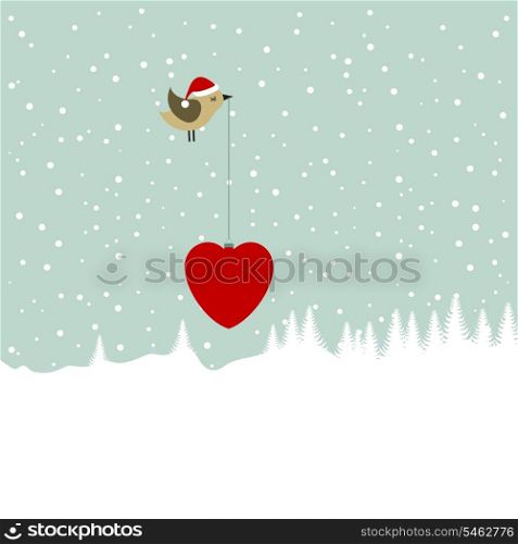 Christmas landscape2. The bird bears a gift in a beak. A vector illustration