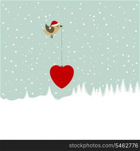 Christmas landscape2. The bird bears a gift in a beak. A vector illustration
