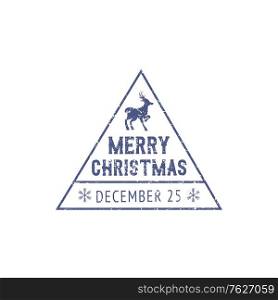 Christmas letter stamp isolated express delivery triangle sign. Vector post mail mark with reindeer. Post mail triangle stamp with deer