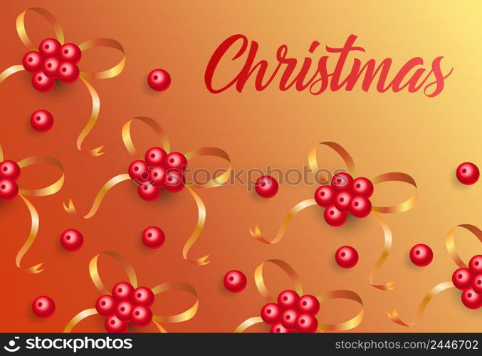 Christmas lettering on background with mistletoe berries and ribbons. Christmas design template. Handwritten text, calligraphy. For greeting cards, brochures, invitations, posters or banners.