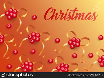 Christmas lettering on background with mistletoe berries and ribbons. Christmas design template. Handwritten text, calligraphy. For greeting cards, brochures, invitations, posters or banners.