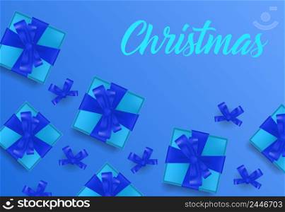 Christmas lettering on blue background with gift boxes. Christmas design template. Handwritten text, calligraphy. For greeting cards, leaflets, brochures, invitations, posters or banners.
