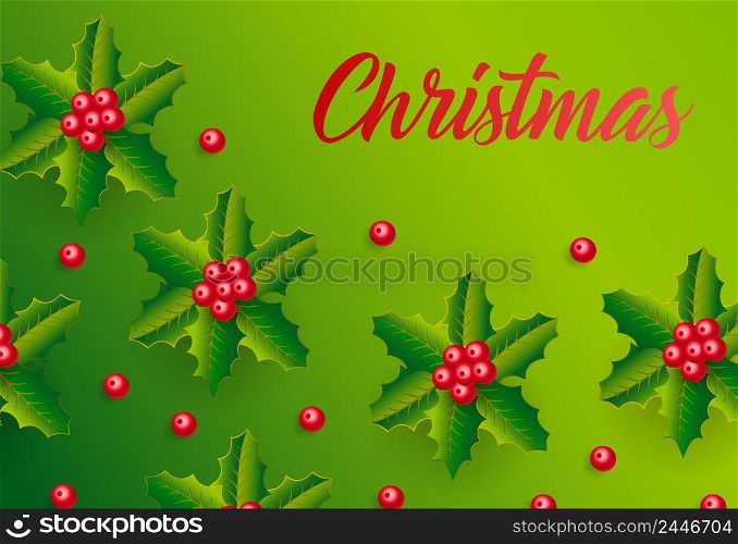 Christmas lettering on green background with mistletoe pattern. Christmas design template. Handwritten text, calligraphy. For greeting cards, leaflets, brochures, invitations, posters or banners.