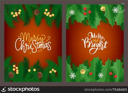 Christmas lettering on greeting card with mistletoe and spruce tree branches border. Red and yellow berries, snowflakes, merry and bright New Year. Merry Christmas lettering greeting card, mistletoe