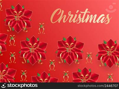 Christmas lettering on red background with poinsettia flowers pattern. Christmas design template. Handwritten text, calligraphy. For greeting cards, leaflets, invitations, posters or banners.