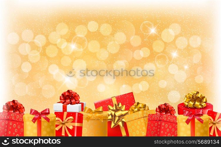 Christmas light background with gift boxes and snowflake. Vector illustration.