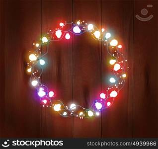 Christmas Light Garland Poster. Christmas light garland poster with glowing and shining bulbs on wooden background isolated vector illustration