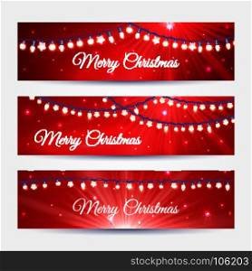 Christmas light garlands banners set. Set of banners with christmas light garlands, on red, vector illustration