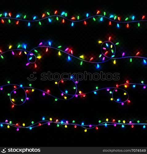 Christmas light garlands. Xmas vector decoration with colorful lightbulbs isolated. Bright christmas garland colorful illustration. Christmas light garlands. Xmas vector decoration with colorful lightbulbs isolated