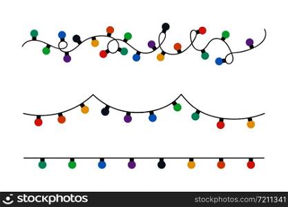 Christmas lights bulbs. Colorful christmas lights bulbs isolated on white background. Color garlands. Lights bulbs in simple trendy flat design. Christmas illustrtation. Vector illustrtation
