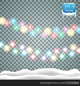 Christmas lights. Colorful christmas garland. Vector blue incandescent light bulbs on wires with icicles and snow, isolated. Christmas lights. Colorful christmas garland. Vector blue incandescent light bulbs on wires with icicles and snow, isolated.