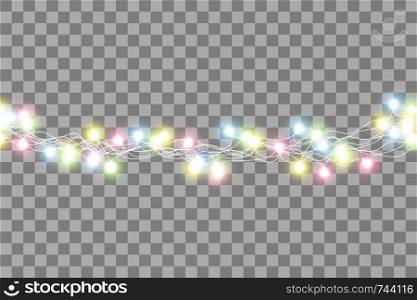 Christmas lights. Colorful Xmas garland. Vector red, yellow, blue and green glow light bulbs on wire strings isolated.. Christmas lights. Colorful Xmas garland. Vector red, yellow, blue and green glow light bulbs on wire strings isolated