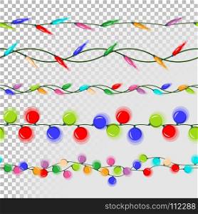 Christmas Lights Decorations Vector. Flat Lights Set. Strings Of Mini Christmas Lights. Isolated On Transparent Background Illustration. Christmas Lights Colored Garlands Vector. Flat Light Bulbs Collection. Various Lengths. Isolated On Transparent Background Illustration