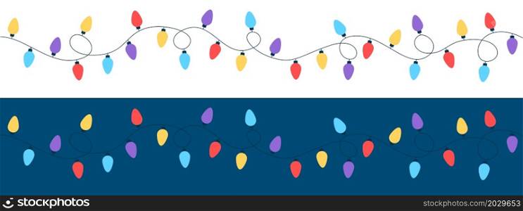 Christmas lights. Garland with colored bulbs on a white and blue background. Christmas and New Year decorations. Flat style. Vector. Christmas lights. Garland with colored bulbs on a white and blue background. Christmas and New Year decorations. Flat style. Vector illustration
