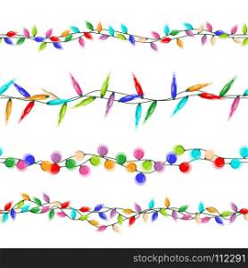 Christmas Lights Garlands Vector. Christmas Decorations Light Effects. Glowing Christmas Lights. Isolated On White Background Illustration. Christmas Lights Background Vector. Strings Of Christmas Lights. Design Elements. Isolated Illustration