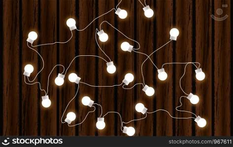 Christmas lights isolated on dark wooden background. Glow garland. Vector glow xmas light bulbs on wires. Christmas lights isolated on dark wooden background. Glow garland. Vector glow xmas light bulbs on wires.