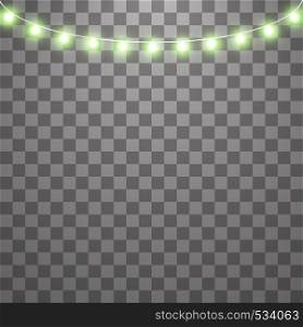 Christmas lights isolated on transparent background. Set of green xmas glowing garland. Vector illustration.. Christmas lights isolated on transparent background. Set of green xmas glowing garland. Vector illustration
