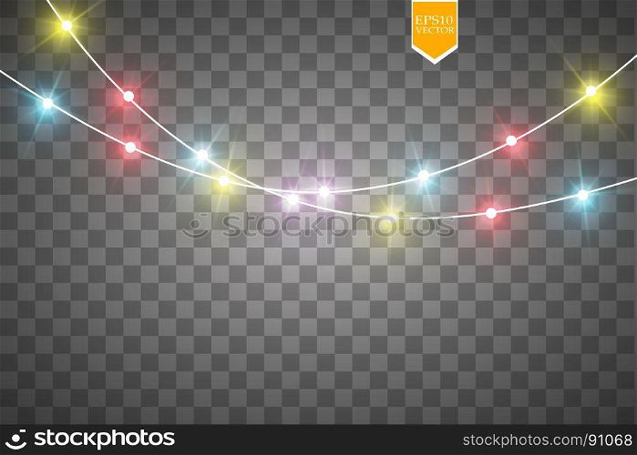 Christmas lights isolated on transparent background. Xmas glowing garland. Vector illustration. Christmas lights isolated on transparent background. Xmas glowing garland. Vector