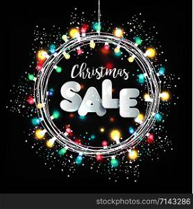 Christmas lights on black background. New year garland.. Christmas lights on black background. New year garland. Sale illustration for holiday.