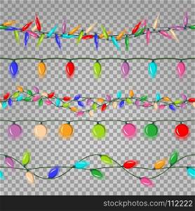 Christmas Lights Set Vector. Flat Beautiful Light Background. Color Garlands. Isolated On Transparent Background Illustration. Christmas Lights String Vector. Flat Garlands, Christmas Party Decorations. Festive Decorations. Isolated On Transparent Background Illustration