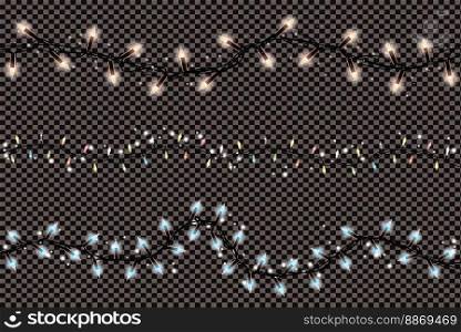 Christmas Lights String Isolated on Transparent Background. Vector Illustration. Xmas Glowing Lights. Garlands.