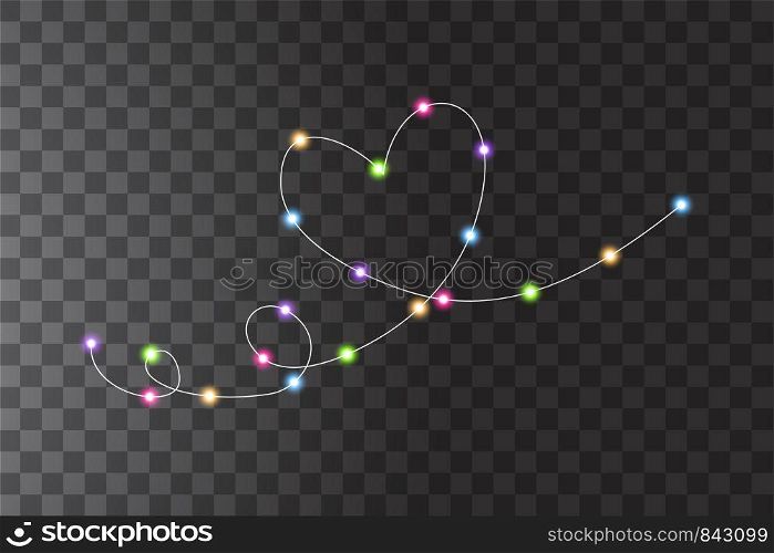 Christmas lights with heart one line. Colorful Xmas garland with heart one line. Vector red, yellow, blue and green and purple glow light bulbs on transparent background. Christmas lights with heart one line. Colorful Xmas garland with heart one line. Vector red, yellow, blue and green and purple glow light bulbs on transparent background.