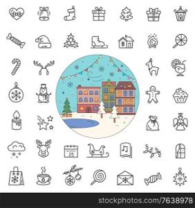 Christmas line icons set vector, street in wintertime. Presents and mistletoe, packages and candle with fire. Gingerbread man and cake traditional sweets on xmas in flat style minimal linear outline. Christmas Holiday Line Icons City Street in Winter