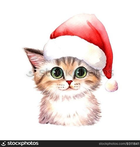 Christmas little cat watercolor in sketch style Hand drawn sketch. Vector drawing. Cute funny character. White background.