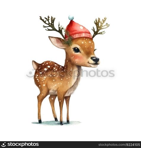 Christmas little deer watercolor in beautiful style. Vintage watercolor portrait. Cartoon vector illustration. Funny vector hand drawn