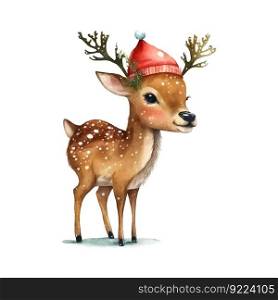 Christmas little deer watercolor in beautiful style. Vintage watercolor portrait. Cartoon vector illustration. Funny vector hand drawn