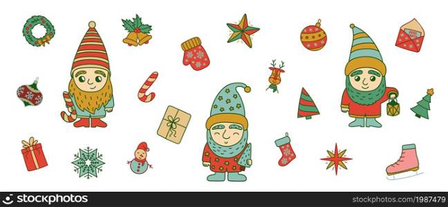 Christmas little gnomes. Hand drawn gnome sketch. Cartoon vector illustration. Cute dwarfs characters with candy cane and lantern. Xmas holiday. Bell, snowflake, gift, tree and star.