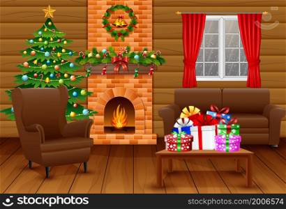 Christmas living room with fireplace, armchair, tree and presents