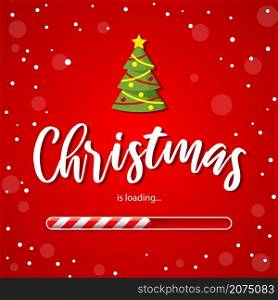 Christmas loading bar or Xmas load red vector background for New Year countdown. Christmas loading bar candy cane with Xmas tree decorations and snowflakes for winter holiday coming. Christmas loading bar or Xmas load red background