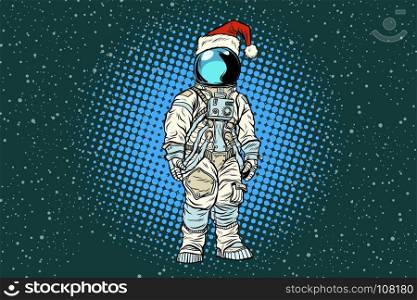 Christmas lone astronaut in the Santa hat. Pop art retro vector illustration.. Christmas lone astronaut in the Santa hat