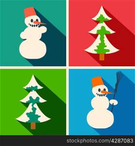 Christmas long shadow icons with snowman and pine