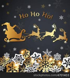 Christmas luxurious background with golden Santa Claus and snowflakes. Design for Christmas card.