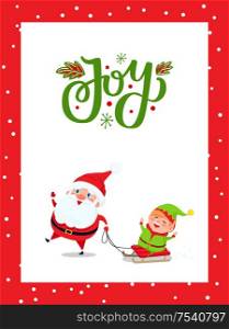 Christmas major joy card with Santa Claus and Elf. Vector Happy New Year cartoon characters Father Frost and dwarf riding on sleigh and having fun. Christmas Major Joy Card with Santa Claus and Elf