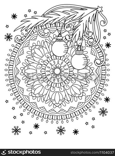 Christmas mandala coloring page. Adult coloring book. Holiday decore, balls and snowflake. Hand drawn vector illustration.. Christmas coloring page