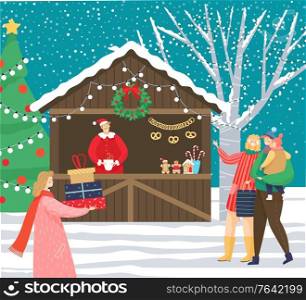 Christmas market at night in city. People walking in evening, carrying presents in boxes. Kiosk with souvenirs and food. Decorated pine tree with garlands and star on top. Snowfall in village vector. Christmas Market with Kiosk and People with Gifts