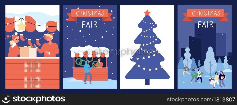 Christmas market cards. Holiday poster, new year or xmas fair, festive decorations. Happy cartoon people and red counters, winter time vector illustration. Fair holiday new year and christmas market. Christmas market cards. Holiday poster, new year or xmas fair, festive decorations. Happy cartoon people and red counters, winter time vector illustration