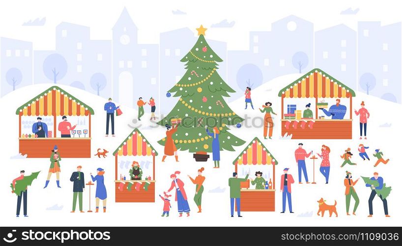 Christmas market. Holiday fair, cartoon people walking on decorated outdoor stalls and buying wine, food and Christmas souvenirs vector colorful illustration. New year tree decoration, present boxes. Christmas market. Holiday fair, cartoon people walking on decorated outdoor stalls and buying wine, food and Christmas souvenirs vector colorful illustration. New year marketplace, winter decoration
