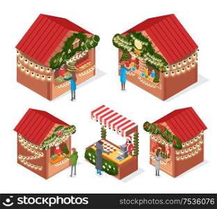 Christmas market kiosks stalls with souvenirs and decor vector. Sellers and customers of street shops, coffee drink salesperson, pine tree branches. Christmas Market Kiosks and Stalls with Souvenirs