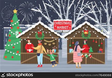 Christmas market or fair in town, people preparing for xmas. Man and woman buy sweets and cookies. Traditional holiday fir-tree, garlands and balls, sale tent. Vector illustration in flat style. Christmas Fair or Market, People Prepare for Xmas