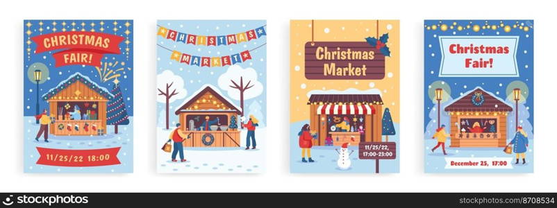 Christmas market posters. Xmas celebration marketing flyer, winter fair and holiday festival invitation vector set. Characters buying hot wine drink, presents and gingerbread cookies. Christmas market posters. Xmas celebration marketing flyer, winter fair and holiday festival invitation vector set