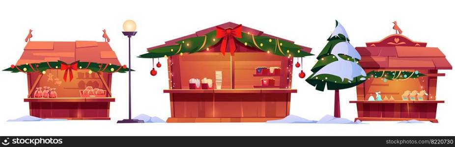 Christmas market stalls, street fair wooden booths decorated with fir-tree branches, bows and lighting garlands. Winter kiosks with traditional sweets and gifts for sale, Cartoon vector illustration. Christmas market stalls, street fair wooden booths