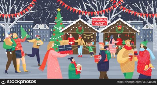 Christmas market vector, shops with souvenirs. Festive kids and adults, man and woman with children, streets with flags. People walking between decorated stalls or kiosks and having rest with family. Christmas Market Celebration of Winter Holidays