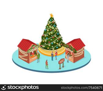 Christmas marketplace, people buying souvenirs from stalls and street shops vector. Evergreen pine tree decorated with ornaments, baubles and garlands. Christmas Marketplace, People Buying Souvenirs