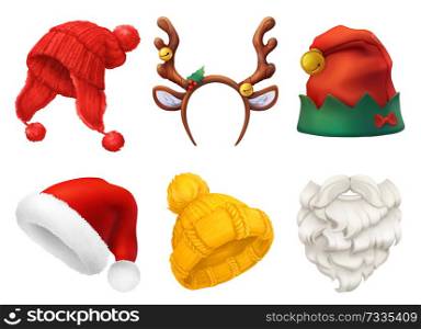 Christmas mask, Santa Claus hat, knitted hat. 3d realistic vector icon set